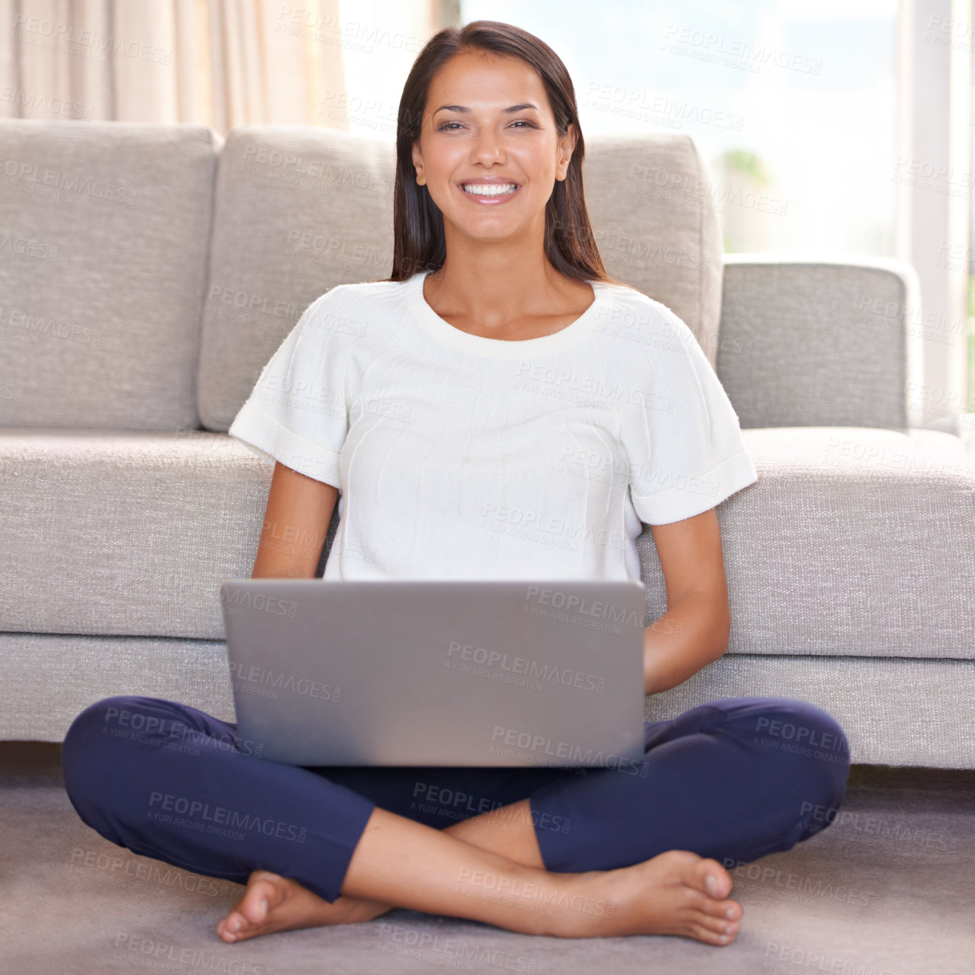 Buy stock photo Smile, laptop and portrait of woman on home floor with internet for streaming online. Happy female person relax in lounge for remote work, studying and research or email for for social media or blog