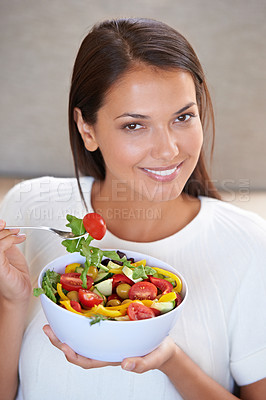 Buy stock photo Happy, eating and portrait of woman with salad for organic, wellness and healthy diet lunch. Food, vegetables and young female person enjoying produce meal, dinner or supper for nutrition at home.
