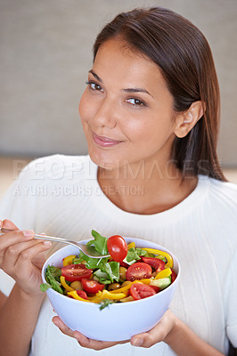 Buy stock photo Health, smile and portrait of woman with salad for organic, wellness and fresh diet lunch. Food, vegetables and young female person enjoying produce meal, dinner or supper for nutrition at home.