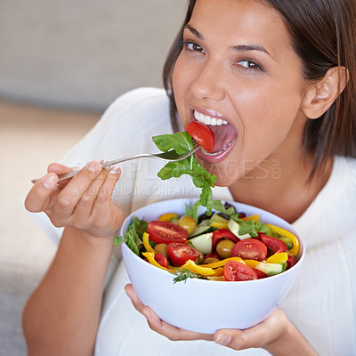 Buy stock photo Health, eating and portrait of woman with salad for organic, wellness and fresh diet lunch. Food, vegetables and young female person enjoying produce meal, dinner or supper for nutrition at home.