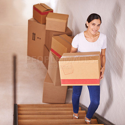 Buy stock photo Portrait, smile and woman with boxes for moving, real estate and new home by stairs. Happy person, cardboard and relocation to property at steps in house, apartment and loan for mortgage of owner