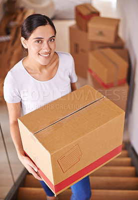 Buy stock photo Portrait, smile and woman with boxes for new home, real estate and moving at stairs. Happy person, cardboard and relocation to property at steps in house, apartment and loan for mortgage of owner