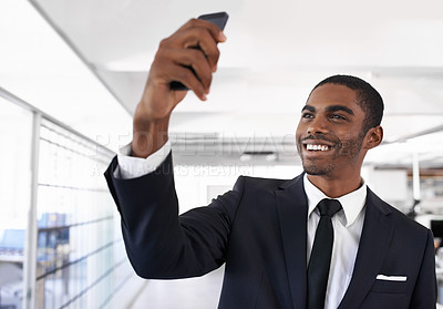 Buy stock photo African man, selfie and office for business with suit for photography, memory and happy for post on web. Person, corporate employee and influencer with smile for profile picture, blog or social media