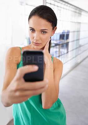 Buy stock photo Woman, selfie and smartphone with portrait, office and employee at work or startup. Businesswoman, cellphone and photograph with technology, entrepreneur and phone with company and workplace