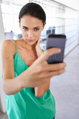 Buy stock photo Woman, selfie and cellphone with portrait, office and employee at work or startup. Businesswoman, smartphone and photograph with technology, entrepreneur and phone with company and workplace