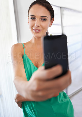 Buy stock photo Woman, selfie and smartphone with portrait, office and smile at work or startup. Businesswoman, cellphone and photograph with technology, entrepreneur and phone with company and workplace happiness