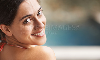 Buy stock photo Woman, portrait and happy to relax on vacation, holiday fun and summer travel with mockup space and wellness. Tourist, person and face with smile for swimming, tropical adventure and bikini outdoor