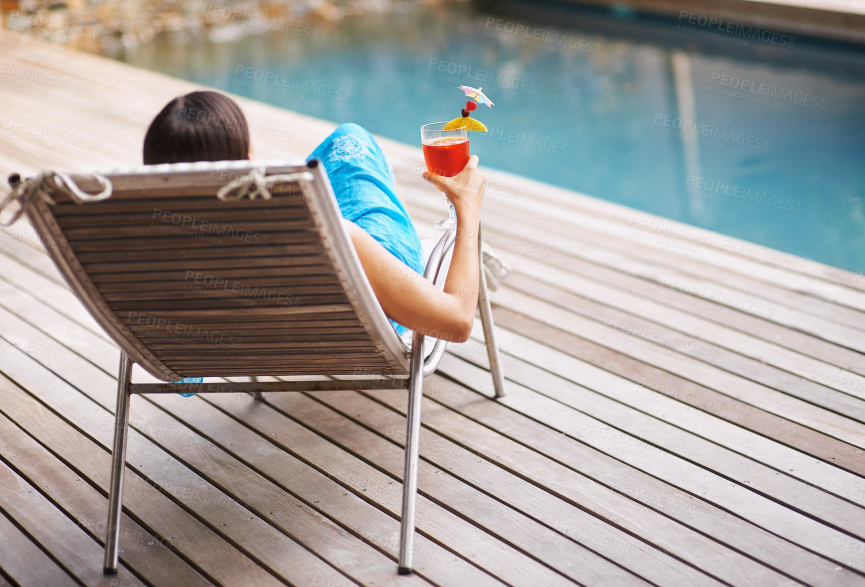 Buy stock photo Woman, lounge chair and cocktail on summer vacation for fun cheers, relax and drink at hotel pool. Female tourist, alcoholic beverage or toast to peace, me time and luxury holiday resort in Maldives