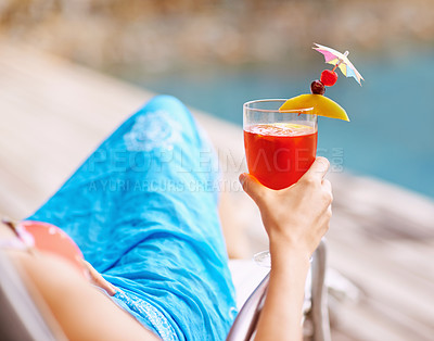 Buy stock photo Closeup, hand and cocktail on summer vacation for fun, relax and drink at hotel pool in Bangkok. Woman, swimwear and alcoholic beverage to toast for me time at peaceful, luxury and holiday resort