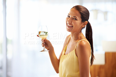 Buy stock photo Smile, portrait and woman with glass of wine at home for celebration, toast or success at home. Happy, achievement and portrait of female person drinking champagne or alcohol in modern apartment.