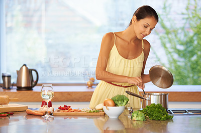Buy stock photo Ingredients, kitchen and woman cooking with pot for healthy, wellness and nutrition meal at home. Food, diet and female person boiling vegetables for lunch, dinner or supper on counter in apartment.