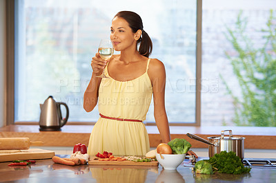 Buy stock photo Drinking wine, cooking and woman in kitchen with vegetables for healthy vegan diet in house. Alcohol glass, food and person preparing dinner, meal and thinking of organic lunch for nutrition in home