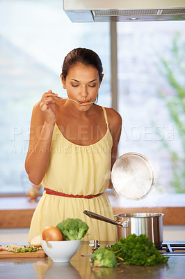 Buy stock photo Taste, cooking and woman with vegetables in kitchen for healthy, wellness and diet soup. Food, ingredients and female person preparing warm meal for lunch, dinner or supper at modern apartment.