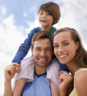 Buy stock photo Family, sky and smile portrait outdoor while happy for travel, fun or holiday in summer. Face of man, woman and child or son together on vacation or adventure in nature with happiness, love and care