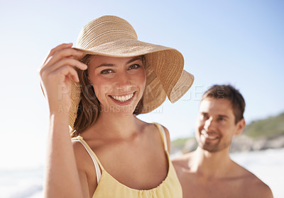 Buy stock photo Closeup of a happy couple at the beach