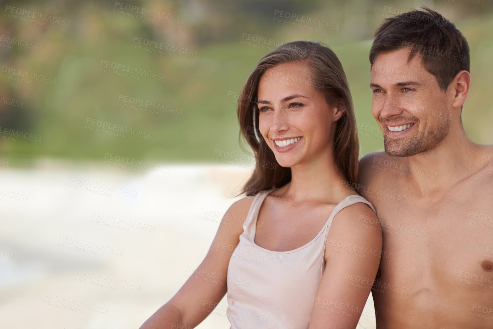 Buy stock photo Happy, thinking and couple in summer with love in embrace on vacation or holiday mockup. Future, travel and man relax with woman on adventure with support and kindness in marriage and planning ideas