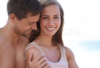 Buy stock photo Couple, portrait and hug on beach in summer, outdoor with love on vacation or holiday in Florida. Romantic, embrace or woman with care, support and kindness in marriage to man and relax on adventure
