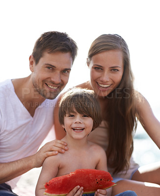 Buy stock photo Family, watermelon and summer portrait at beach on travel holiday with a smile and fun. Man, woman and kid eating fruit and together on vacation at sea with love, care and happiness outdoor in nature