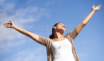 Buy stock photo Smile, freedom and blue sky in summer with woman hands raised outdoor in fresh air of nature. Environment, happy or relax and young person satisfied with travel, vacation or holiday from below