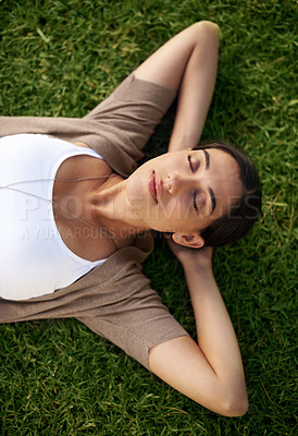 Buy stock photo A young woman enjoying the outdoors