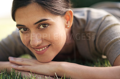 Buy stock photo A young woman enjoying the outdoors