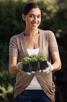 Buy stock photo Gardening, nature and portrait of woman in backyard with plant in outdoor for agriculture, botany and landscaping. Environment, face of happy female person for sustainability and growth in nursery.