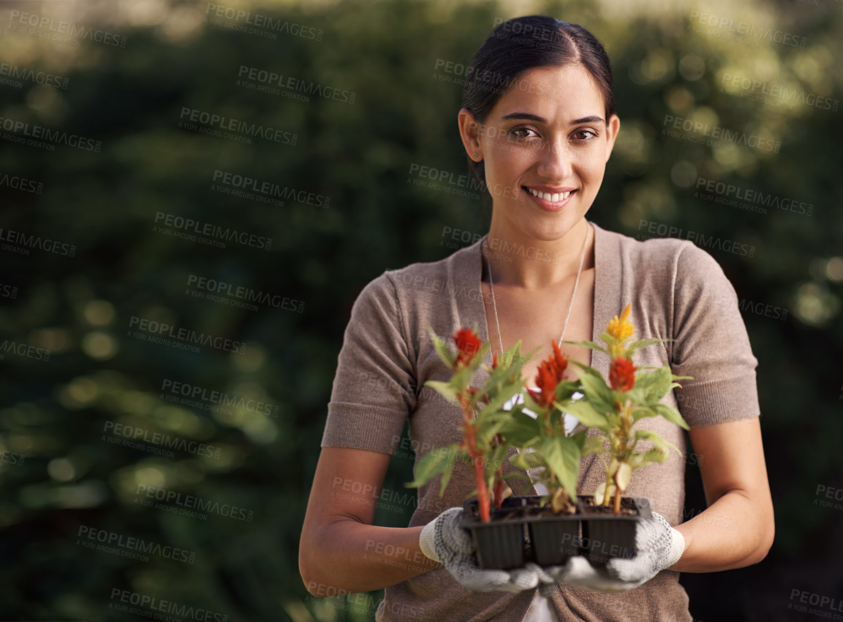 Buy stock photo Woman, horticulture and portrait of gardening with flower plant in nursery for cultivation, botany and landscaping. Environment, smile and face of happy female person for sustainability and growth.