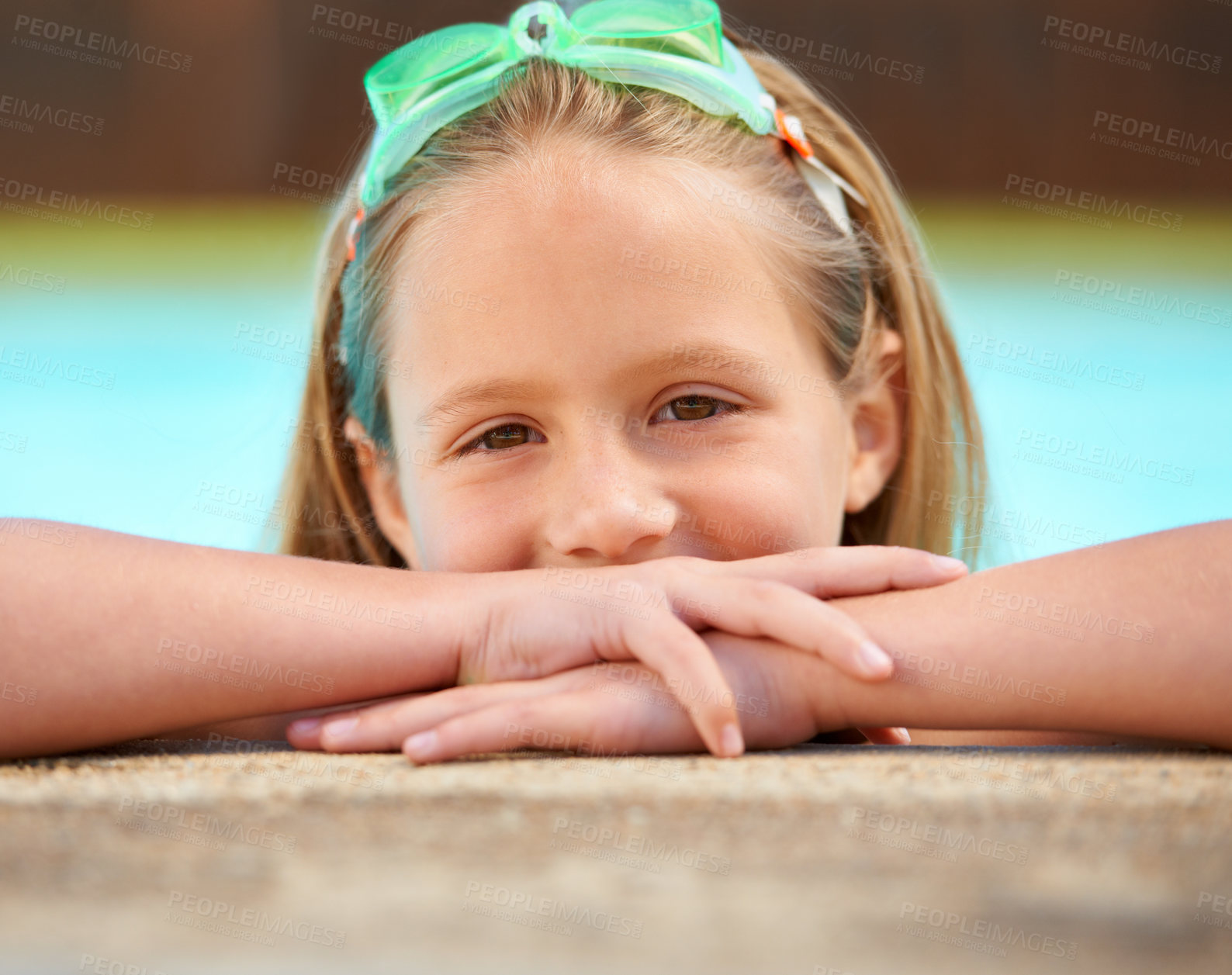 Buy stock photo Girl, relax and portrait of kid in swimming pool with goggles for games outdoor on holiday or vacation. Calm, child and rest on hands, balance on side and happy in water at resort or house in summer