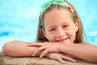 Buy stock photo Girl, relax and portrait of child in swimming pool with goggles for games outdoor on holiday or vacation. Kid, smile and rest on hands at poolside and happy in water at resort or house in summer