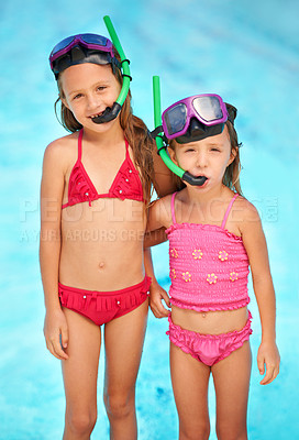 Buy stock photo Snorkeling, goggles and portrait of kids at swimming pool, ready for adventure on vacation. Holiday, games or friends relax together with toys for fun, activity or children with safety gear for water