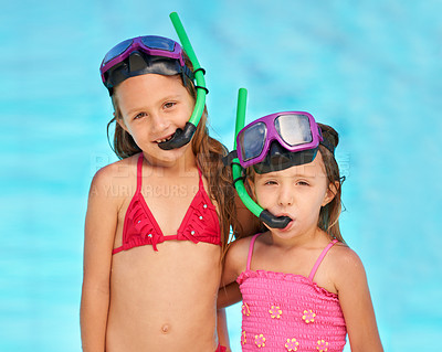 Buy stock photo Snorkeling, goggles and portrait of kids at swimming pool, ready for adventure on vacation. Holiday, games or friends hug together with gear for fun, activity or children with safety in water