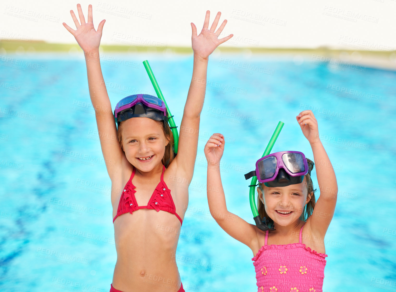 Buy stock photo Excited, cheers and portrait of kids at swimming pool, ready for adventure on vacation. Holiday, resort and friends celebrate with toys for fun or children with goggles, gear and fashion for water