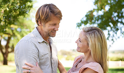 Buy stock photo Couple, relax and happy in nature with love on honeymoon date, bonding and anniversary vacation. Face, man and woman with smile outdoor at park together for healthy relationship and summer holiday