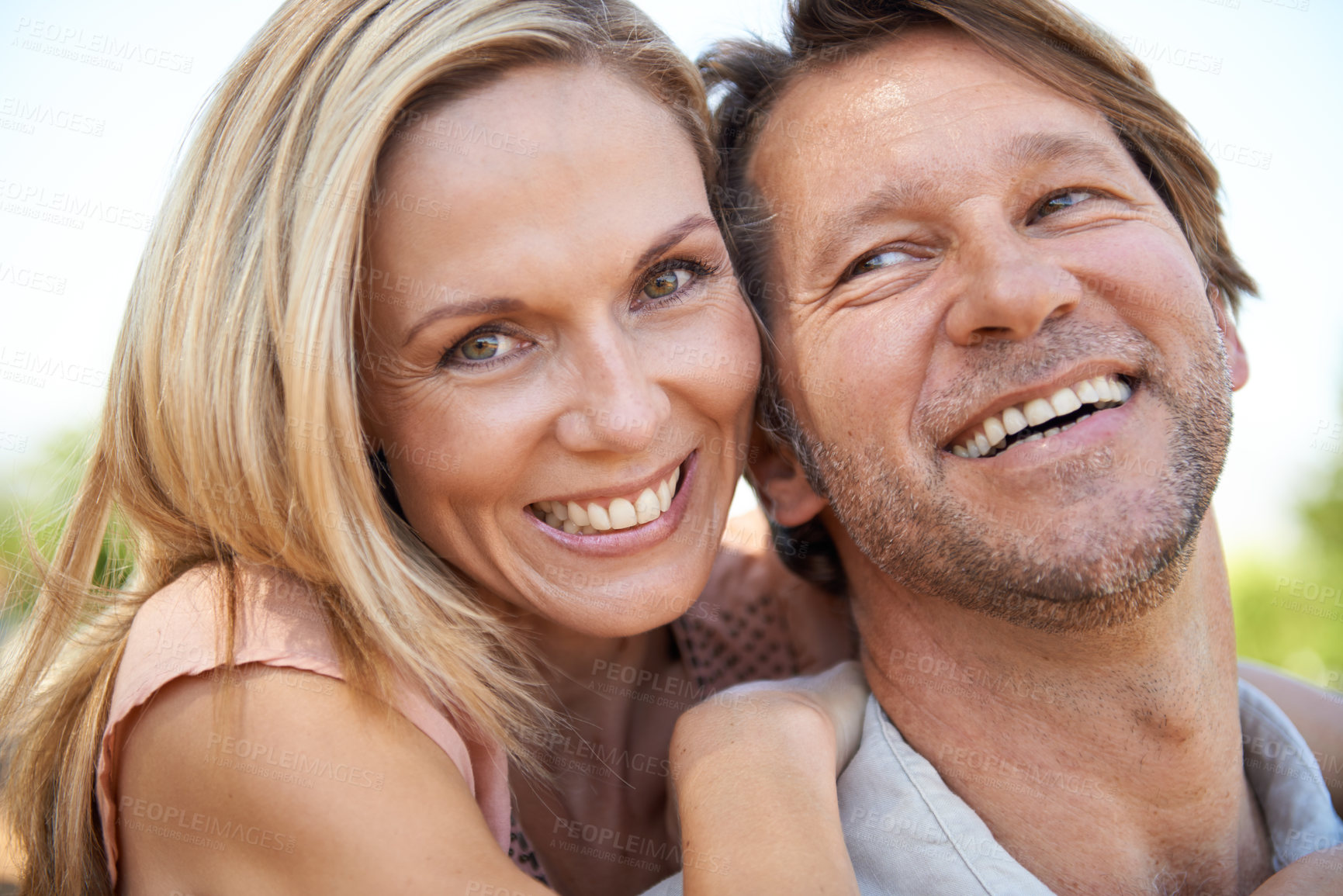 Buy stock photo Nature, hug and portrait of couple in park for bonding, relationship and relax together outdoors. Love, marriage and face of happy man and woman embrace for romance, care and commitment on weekend