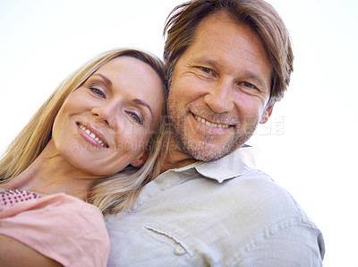 Buy stock photo Happy, hug and portrait of couple in nature for bonding, relationship and love outdoors. Date, marriage and face of man and woman embrace for romance, care and commitment on weekend to relax together