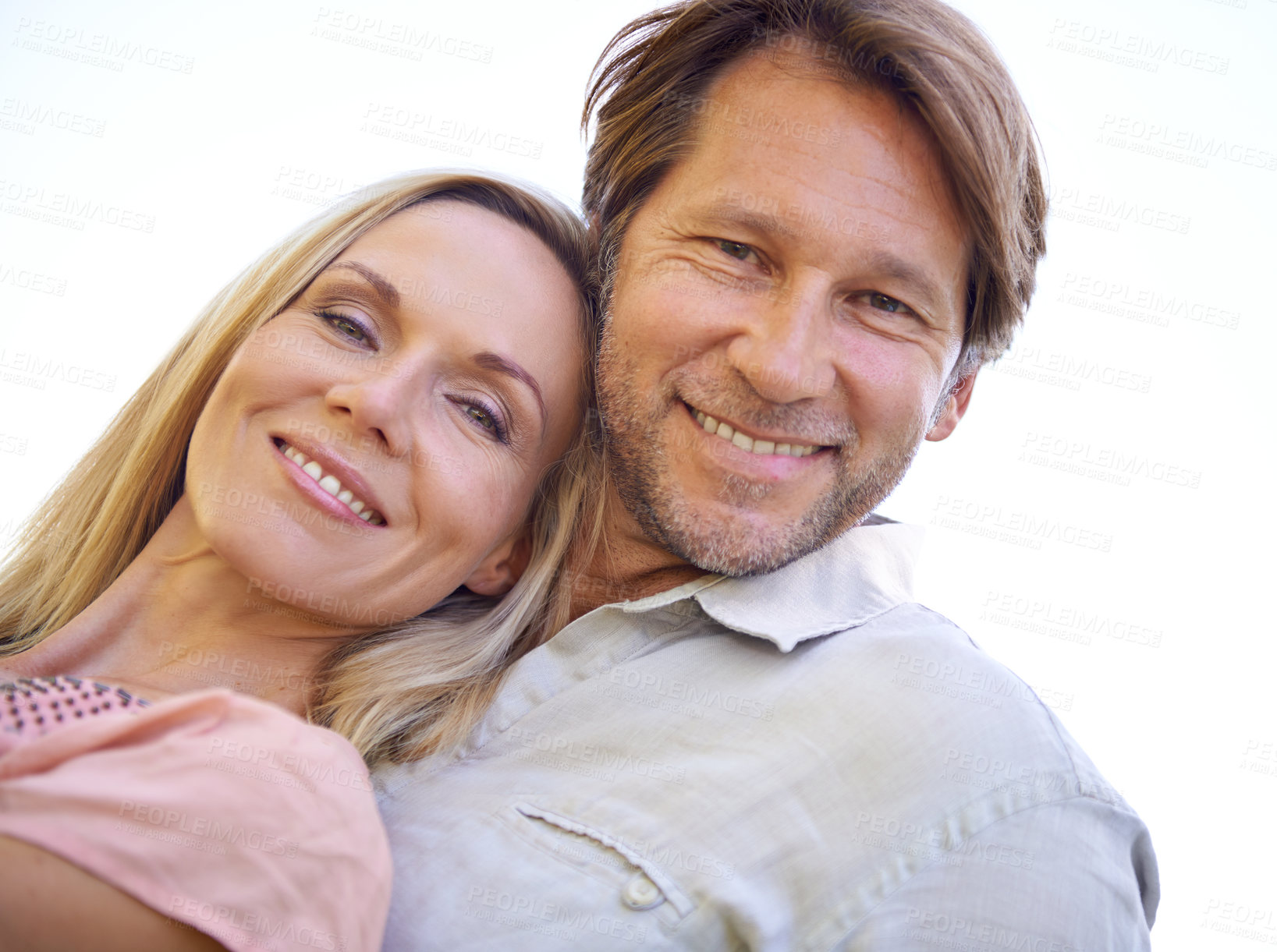 Buy stock photo Happy, hug and portrait of couple in nature for bonding, relationship and love outdoors. Date, marriage and face of man and woman embrace for romance, care and commitment on weekend to relax together