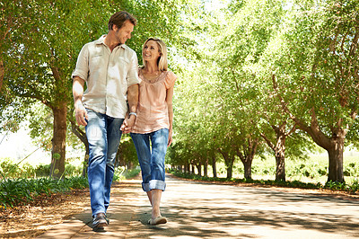 Buy stock photo Shot of a mature couple enjoying a walk in the park