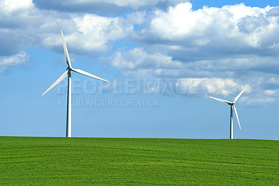 Buy stock photo Wind turbine, grass and sky with clouds for nature in environment and outdoor for landscape and energy. Sustainability, weather and season with ecology for farm and field in agriculture and industry