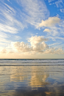 Buy stock photo Blue sky, waves and clouds with horizon background for peace, nature and environment with skyline seascape of tropical beach. Calm water, sea and earth with location for break or vacation with view