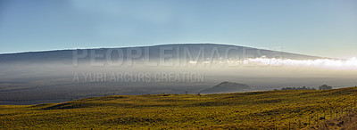 Buy stock photo Mountain, clouds and natural landscape with field, blue sky and calm banner for travel location. Nature, fog and sustainable environment with earth, peace and holiday destination with conservation