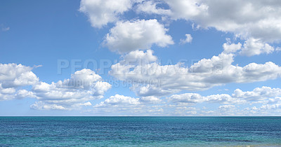 Buy stock photo Blue sky, ocean and clouds with horizon background for peace, nature and environment with skyline seascape of tropical beach. Calm water, sea and earth with location for break or vacation with view