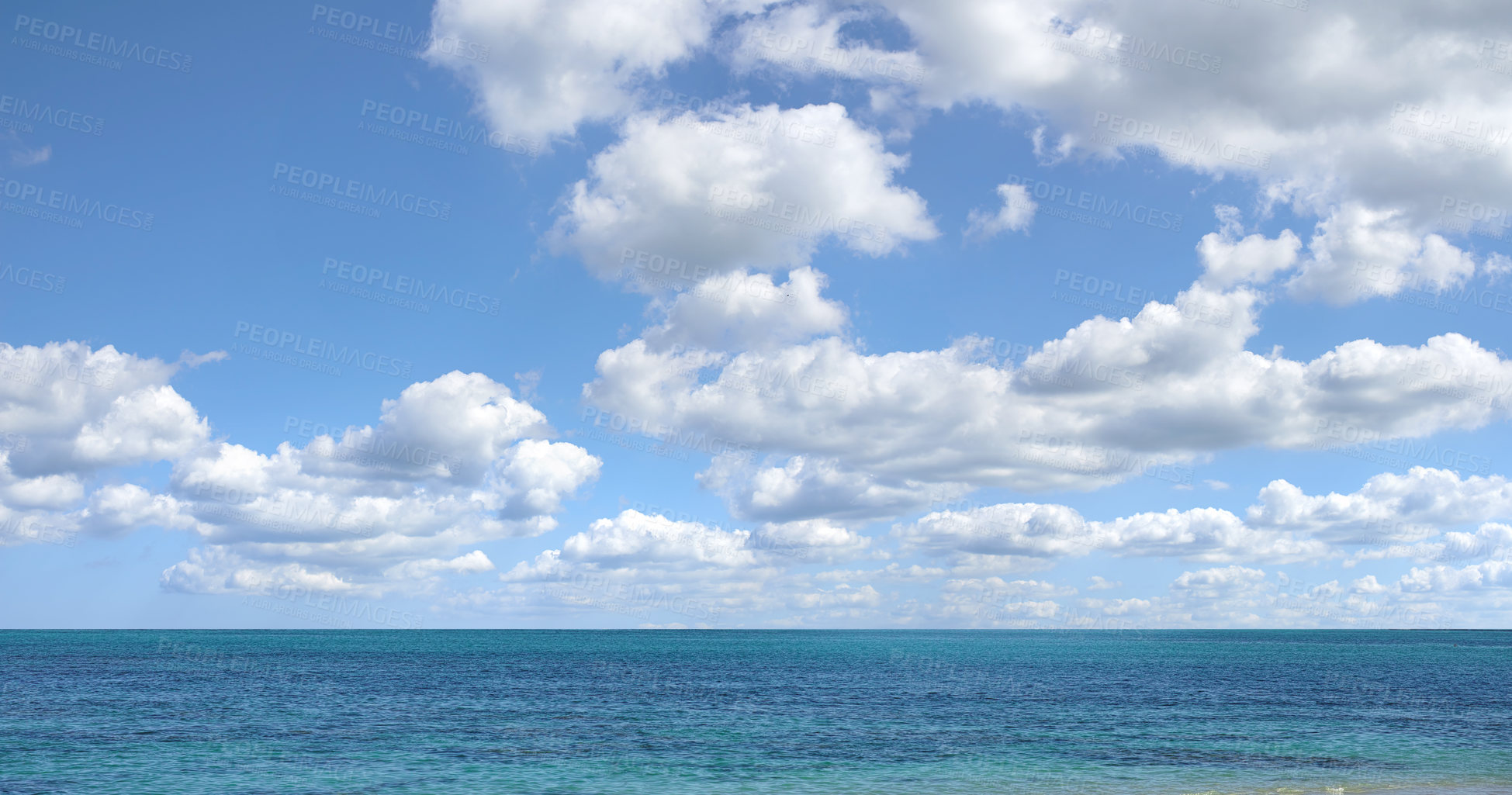 Buy stock photo Blue sky, ocean and clouds with horizon background for peace, nature and environment with skyline seascape of tropical beach. Calm water, sea and earth with location for break or vacation with view