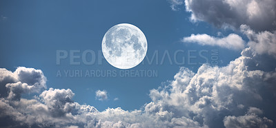 Buy stock photo Moon, cloud and blue sky with light for twilight, fog or weather of natural scenery in nature. Moonlight, sphere or full circle with cloudy fog, lunar or bright orb of glowing hemisphere in the air