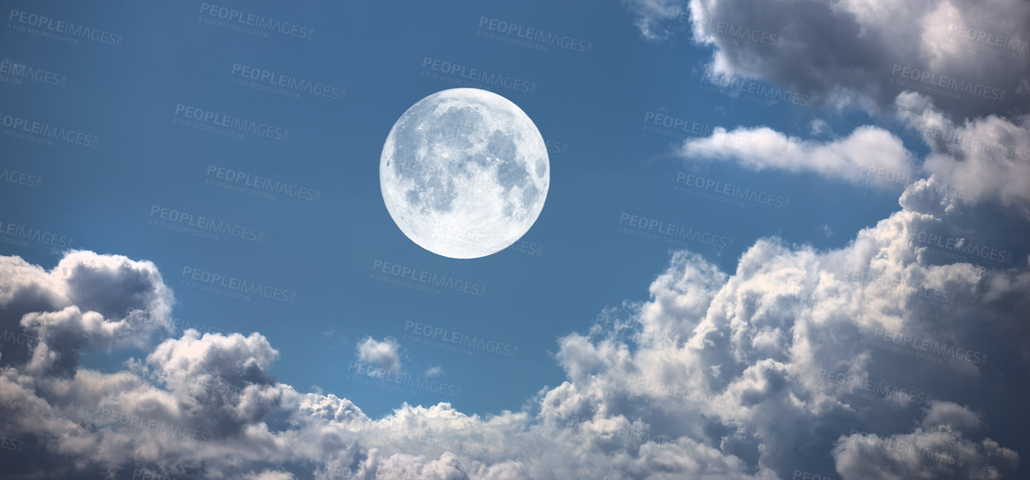 Buy stock photo Moon, cloud and blue sky with light for twilight, fog or weather of natural scenery in nature. Moonlight, sphere or full circle with cloudy fog, lunar or bright orb of glowing hemisphere in the air