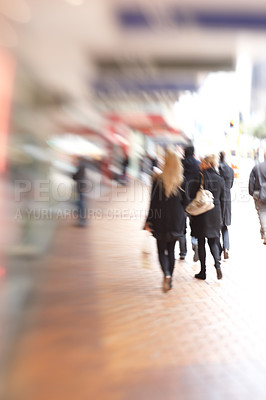 Buy stock photo Blur, city and people are walking outdoor, town square for travel or commute with back view. Motion, moving and journey in urban New York street, adventure and day trip in metro with busy sidewalk