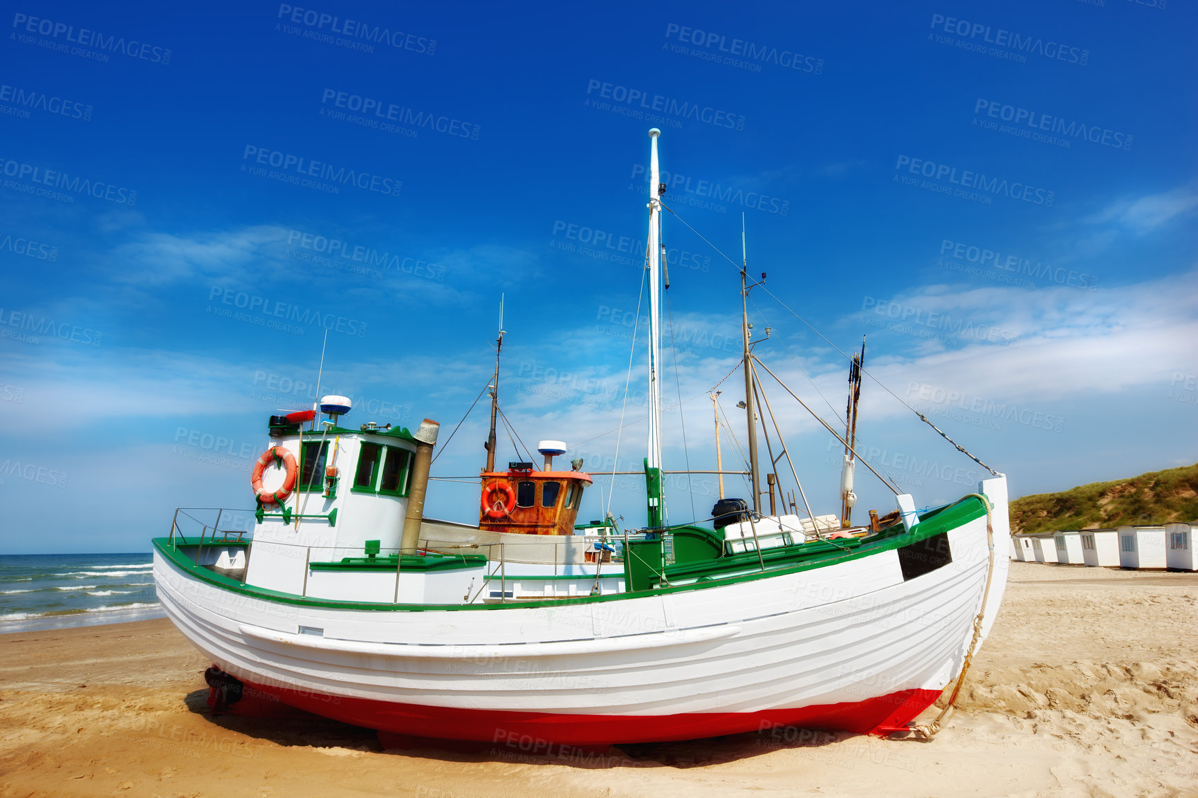 Buy stock photo Beach, land and fishing boat on sand outdoor in nature by sea for travel in summer. Ship, transport and vessel on landscape, seashore or dock at harbor for sailing on journey by ocean in Australia