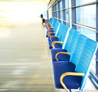 Buy stock photo Chair, row and interior in airport for travel, aircraft and flight in building with design in futuristic architecture. Modern, urban and editorial with walls for movement, destination and travelers
