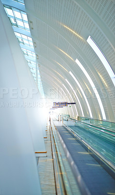 Buy stock photo Airport, building and design with interior and window in futuristic architecture for travel, aircraft and flight. Modern urban and editorial with walls for movement, destination and travelers  