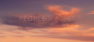 Buy stock photo Nature, clouds and sky with sunset background for environment, weather and season on a banner mockup. View of landscape with horizon and sunlight in the evening for peace, zen and heaven with space