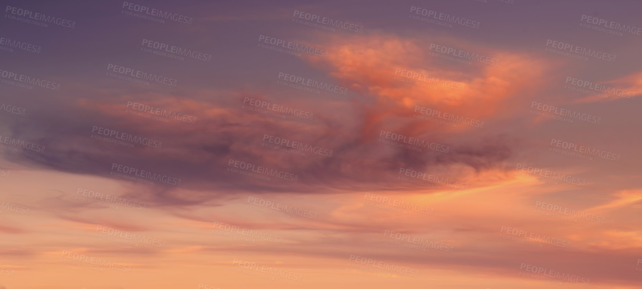 Buy stock photo Nature, clouds and sky with sunset background for environment, weather and season on a banner mockup. View of landscape with horizon and sunlight in the evening for peace, zen and heaven with space